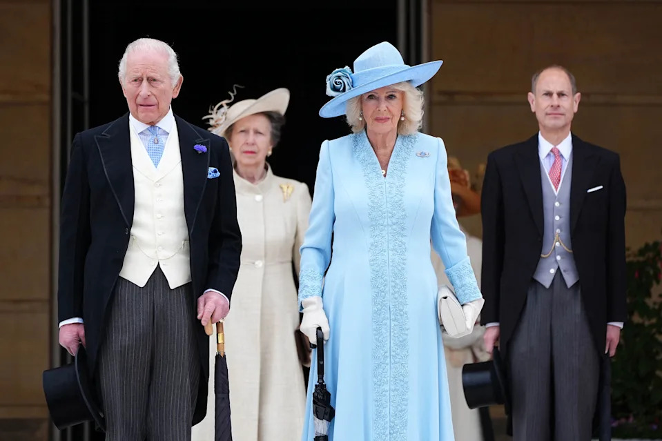 King Charles III and Queen Camilla, along with Princess Anne, Princess Royal and Prince Edward, Duke of Edinburgh attend a Garden Party at Buckingham Palace (Photo by Aaron Chown / POOL / AFP)