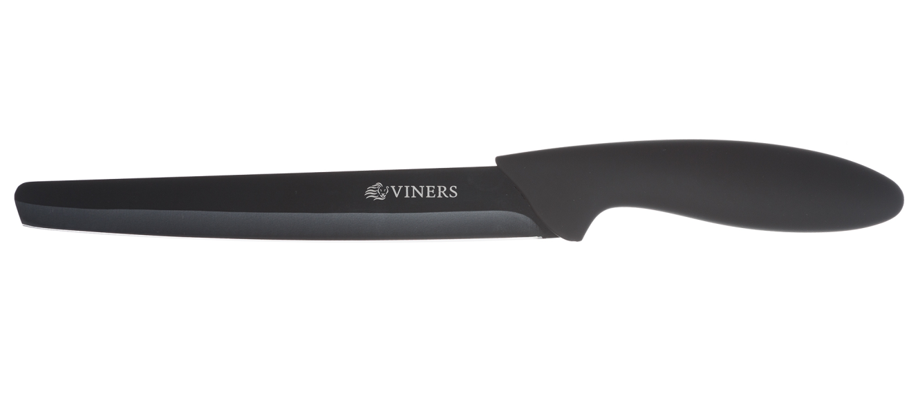A Viners Assure 8-inch chef's knife with a black blade and black handle.