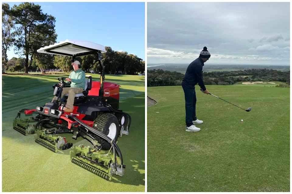 Left: David Fitzgerald on a mower. Right: Man about to swing a golf ball of a tee