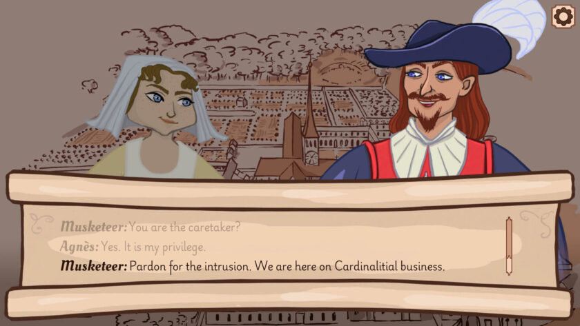 The main character meeting a musketeer, who is saying that he is there on cardinal business
