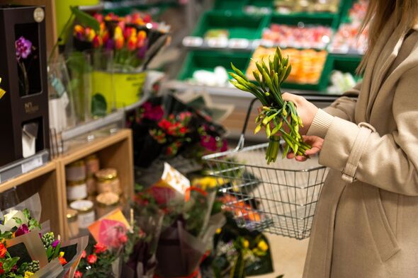 Woman holding a bunch of fresh daffodil buds while shopping in a supermarket floral department. Woman holding a bunch of fresh daffodil buds while shopping in a supermarket floral department.