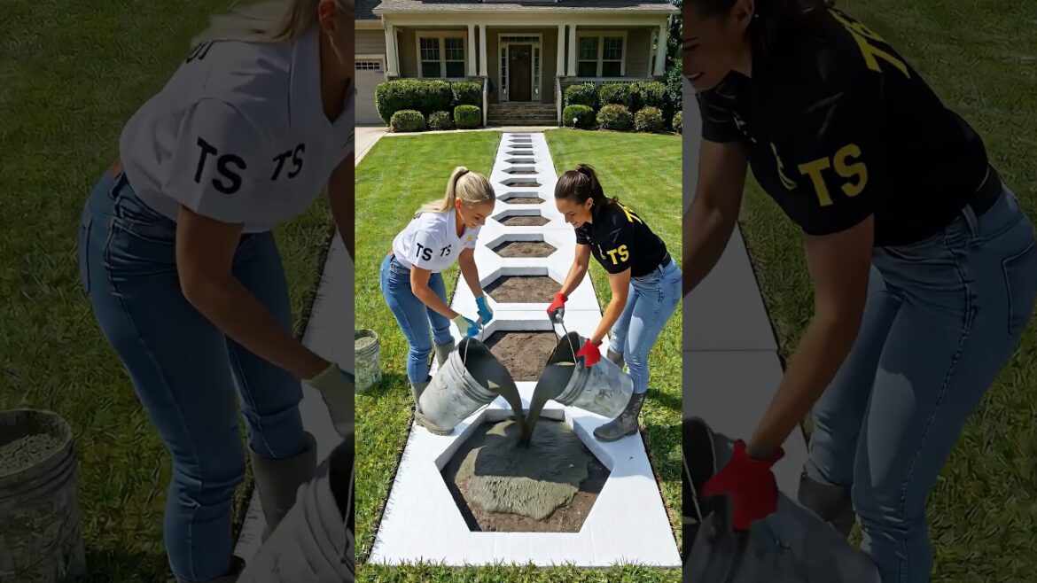 White hexagon path transformed this front yard
