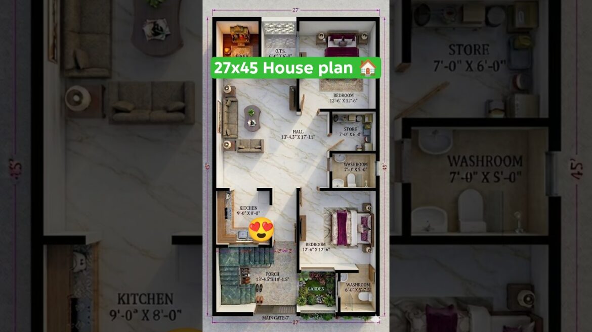 27×45 House Plan π‘ | 2BHK Modern Home Design with Pooja Room & Garden #shorts #interiordesign #home 27x45 House Plan π‘ | 2BHK Modern Home Design with Pooja Room & Garden #shorts #interiordesign #home