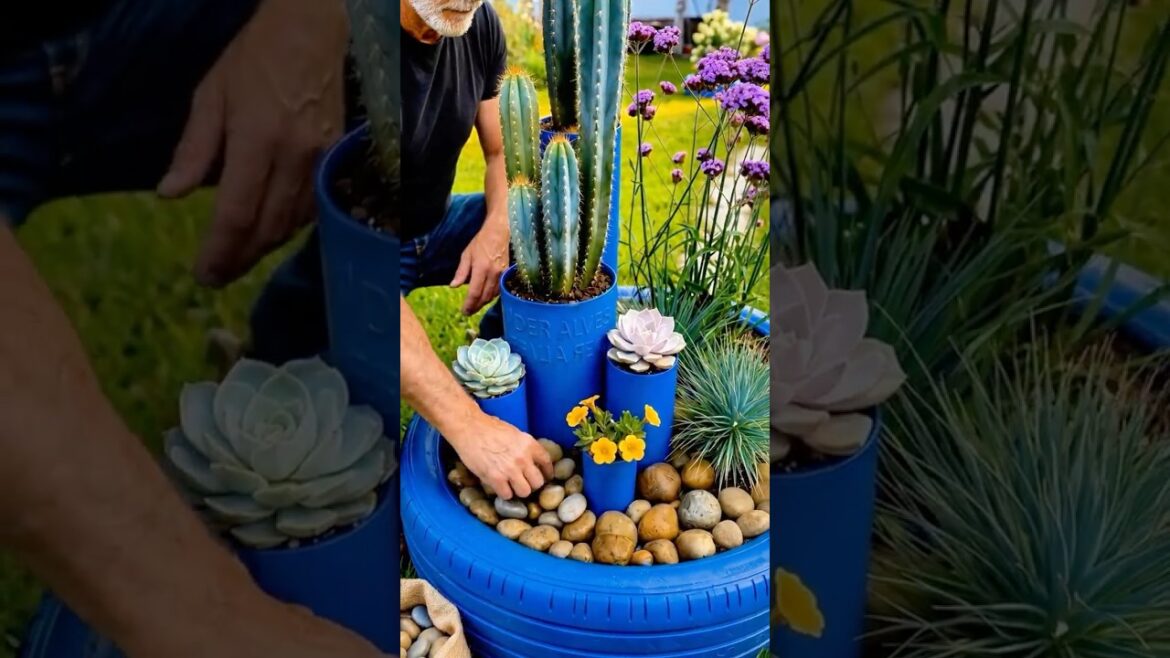 Nobody Believes This Blue Garden Was Made With Old Tires and PVC Pipes 💙🌵✨