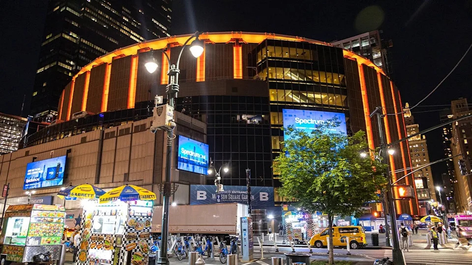 Madison Square Garden exterior at night.