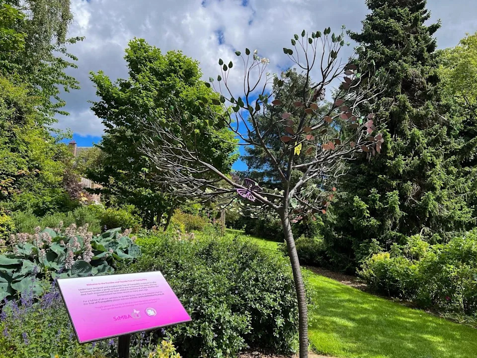 A  metal tree sculpture with copper leaves sits in a large garden. A pink sign describing the tree is in the foreground