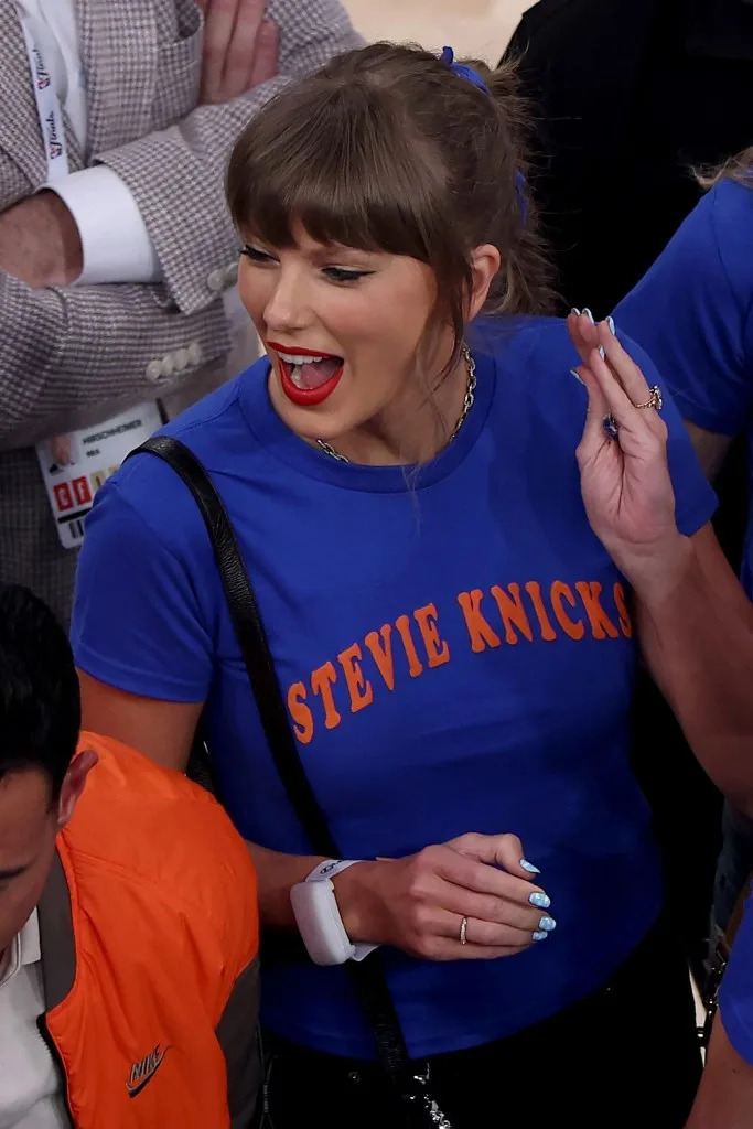 Taylor Swift reacts before Game Four of the 2026 NBA Finals between the San Antonio Spurs and the New York Knicks at Madison Square Garden on June 10, 2026 in New York City. (Photo by Dustin Satloff/Getty Images)