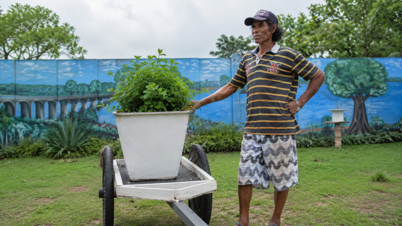 Gardener in a grassy area next to a cart with a white pot and plant, in front of a blue wall painted with an artisanal landscape.