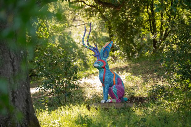 Jacobo and María Ángeles' "Rabbit-Deer" (fiberglass and acrylic paint, 2024) sits in a lushly forested area in Sonoma Botanical Garden. (Artwork © Jacobo and María Ángeles, photo by Daniel Perales)