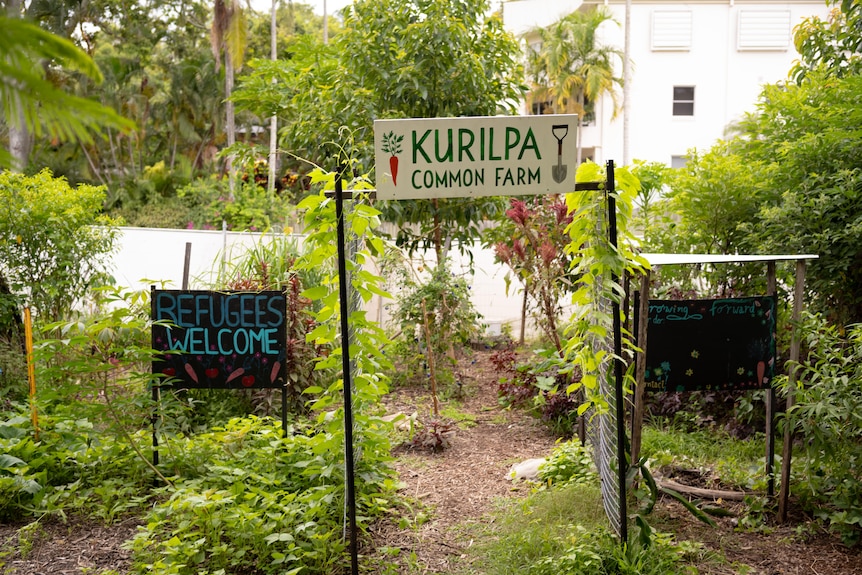 A garden with a sign Kurilpa Common Farm above an entryway