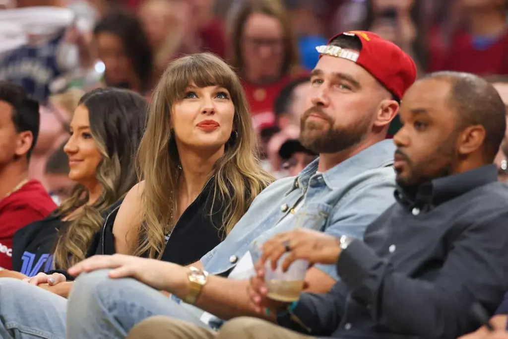 Singer Taylor Swift and fiance Travis Kelce watching a basketball match between the New York Knicks and the Cleveland Cavaliers in Cleveland, Ohio, on May 23.