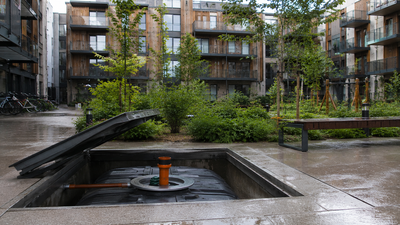 A Swedish neighbourhood buried a 25,000-litre rainwater tank beneath an apartment courtyard, and now the rooftops water the gardens instead