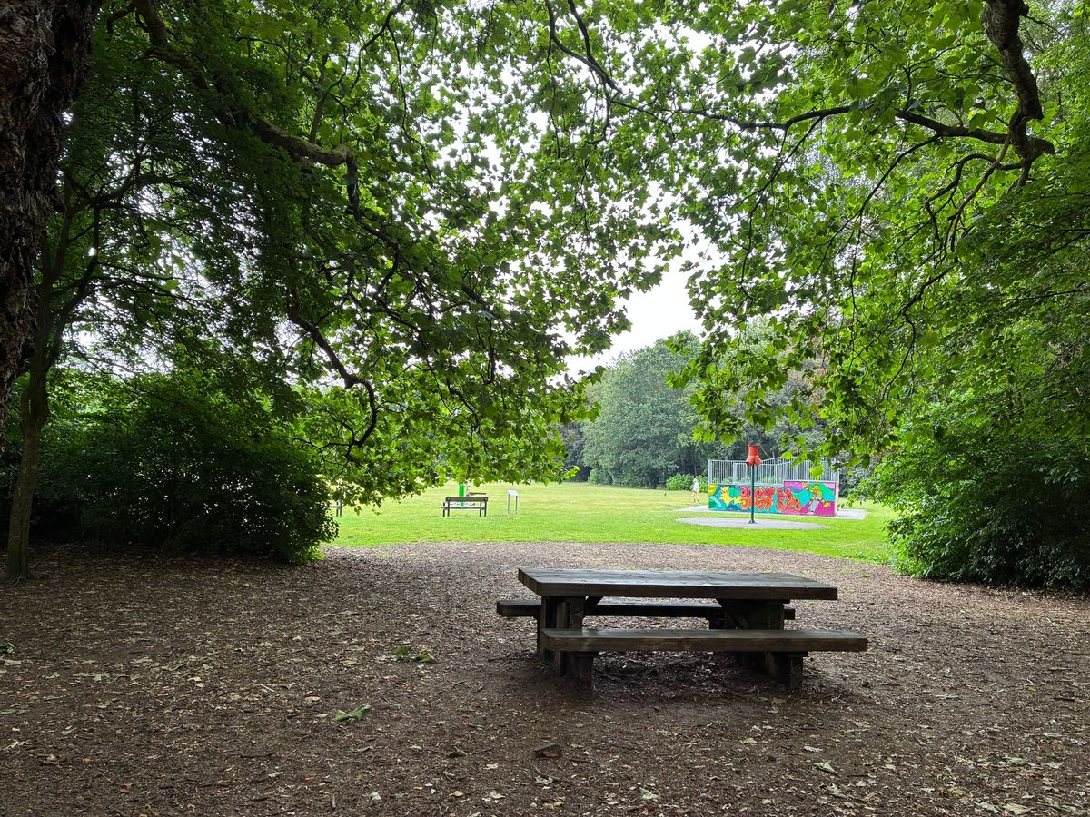 A picnic bench under the trees is perfect during the heatwave