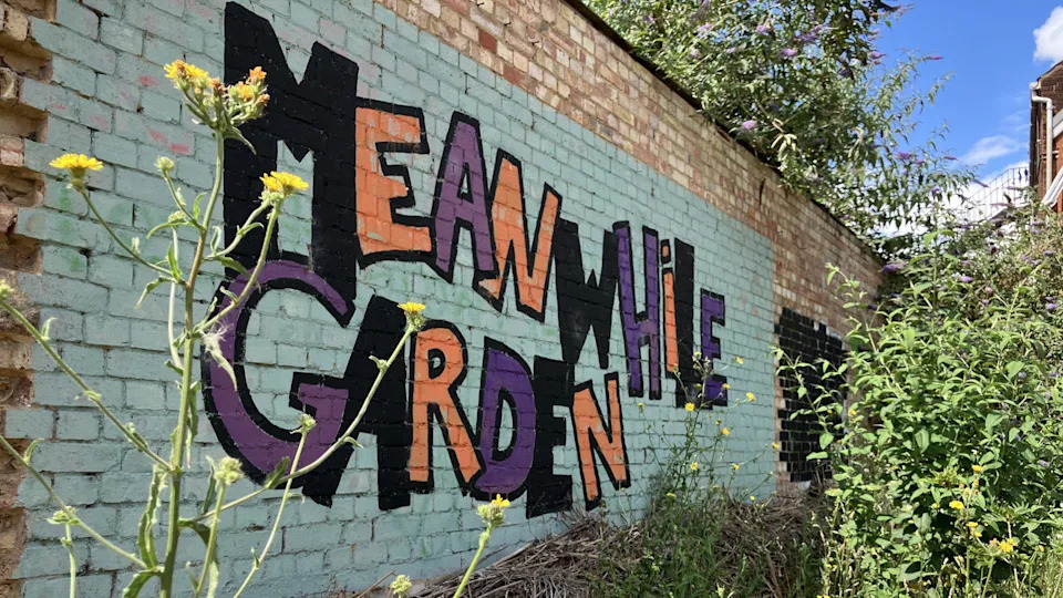 A brick wall in a garden that has been painted over in a white paint. The words Meanwhile Garden have been painted on it in different colours. There are some bushes, flowers and vegetation nearby. It is a sunny day.