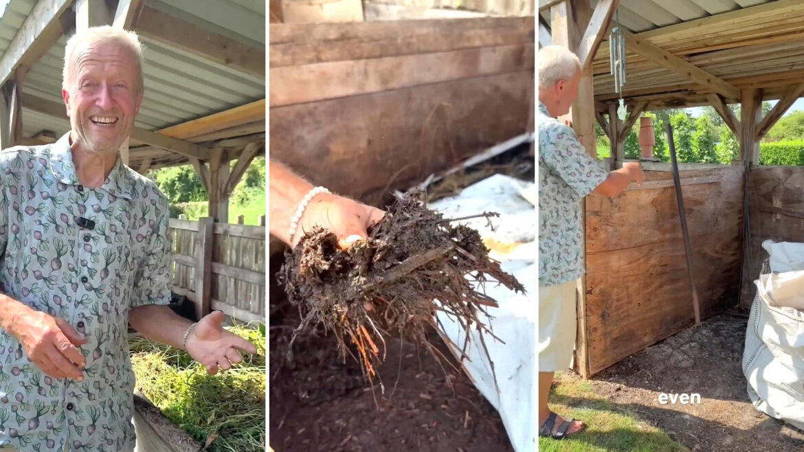 A smiling man demonstrates composting techniques beside a compost bin while holding a handful of compost material.