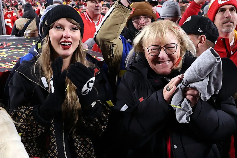 Taylor Swift and Donna Kelce celebrate after the Kansas City Chiefs defeated the Buffalo Bills 32-29 at Arrowhead Stadium on January 26, 2025Credit: Jamie Squire/Getty