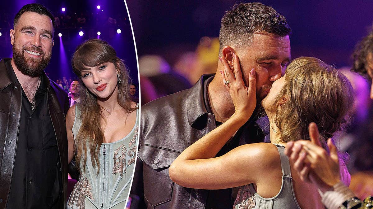 Taylor Swift and Travis Kelce pose for a photo together, share a kiss at 2026 iHeartRadio Music Awards