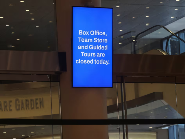 A board displays information at Madison Square Garden, the venue for the reported wedding celebrations of singer Taylor Swift and National Football League (NFL) player Travis Kelce, in New York City, U.S., July 3, 2026. REUTERS/Shannon Stapleton