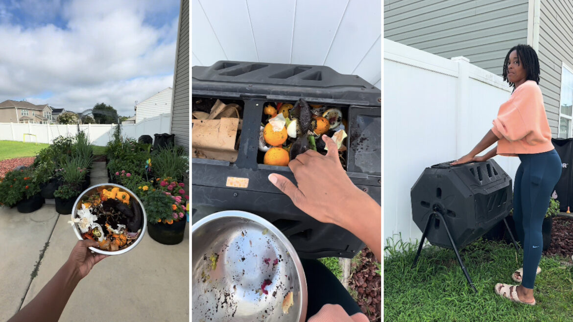 A person holds food scraps in a bowl and adds them to a compost bin in a garden setting.