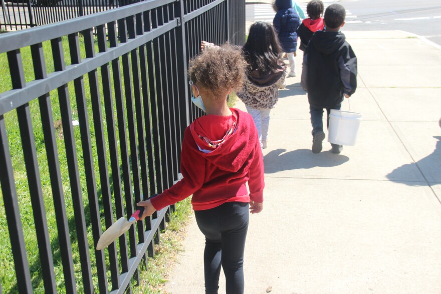 A pre-Kindergarten student makes music with her trowel against the fence as she walks back to the garden with her class.
