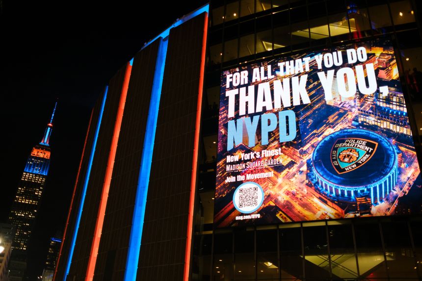 Madison Square Garden shows a message of appreciation for the New York Police Department outside the arena on Wednesday.