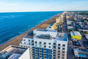 Aerial view of the Virginia Beach oceanfront and hotels looking south