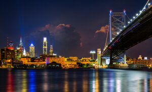 Night, Benjamin Franklin Bridge, Philadelphia, Pennsylvania, America.