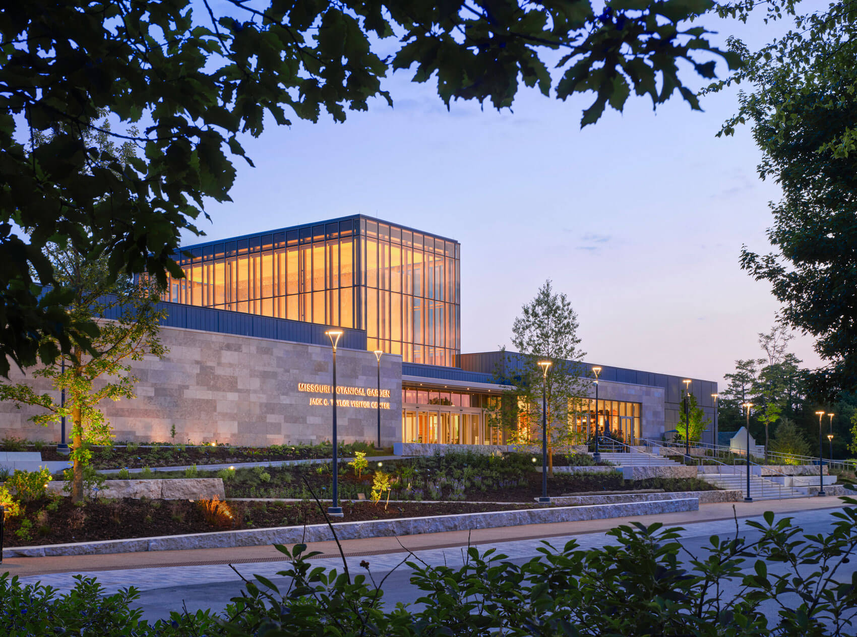 the north facade of the visitors center is faced with solid stone