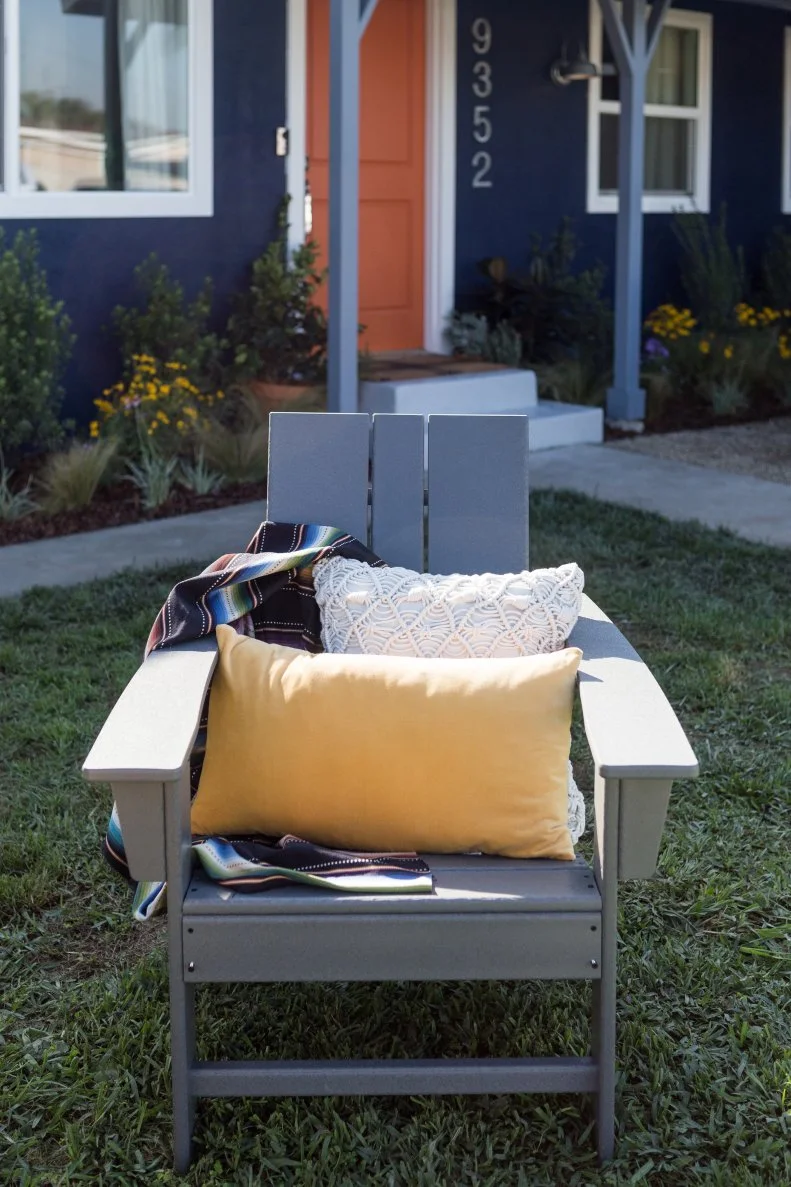 Contemporary Front Yard with Gray Lawn Chair Gray Lawn Chair with Yellow Pillow, Blue, Green and White Blanket