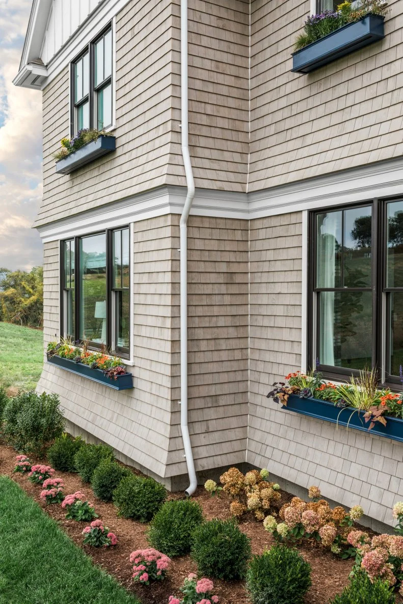 Exterior and Blue Window Boxes