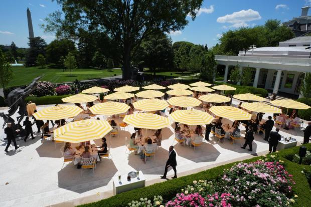 President Donald Trump joins a luncheon on the patio in the Rose Garden.